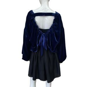 Free People Cobalt Blue Velvet Romantic Poet Sleeve Top Blouse Open Back M